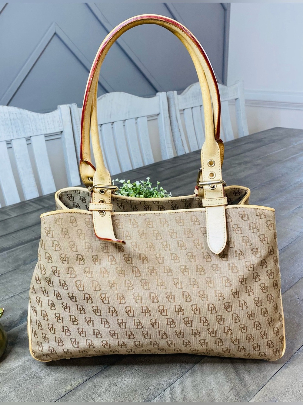 Dooney & Bourke Monogram Canvas Satchel Tote Bag Brown Tan Leather Trim Shoulder